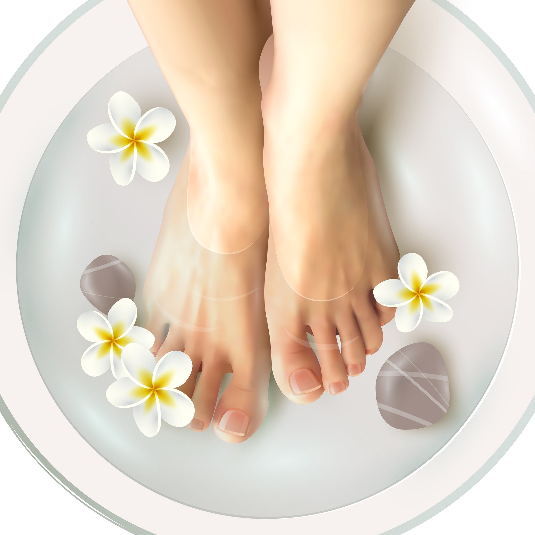 Pedicure spa female feet in spa bowl with water flowers and stones realistic vector illustration